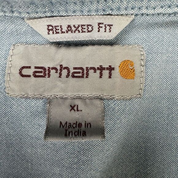 Vintage Carhartt Workwear Chambray Button XL Mens Short Sleeve Blue Solid Cotton - Picture 4 of 11